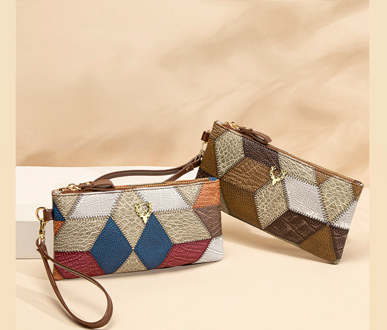 New Fashion Small Square Bag, Cross-Border High-End Retro Wallet, Versatile Zipper Bag, Women's Trendy Color-Blocking Clutch Bag