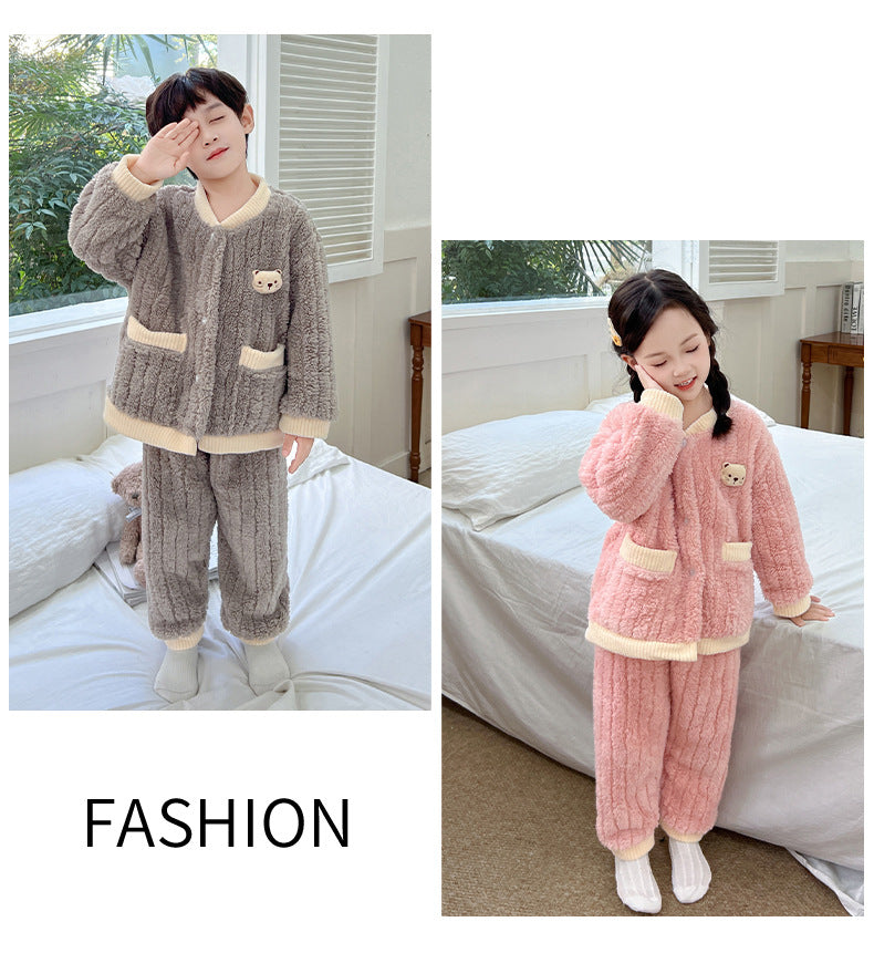 Boys and Girls Pajamas Cotton Velvet Home Clothes Autumn and Winter Children's Winter Pajamas Western Style Thickened Pajamas