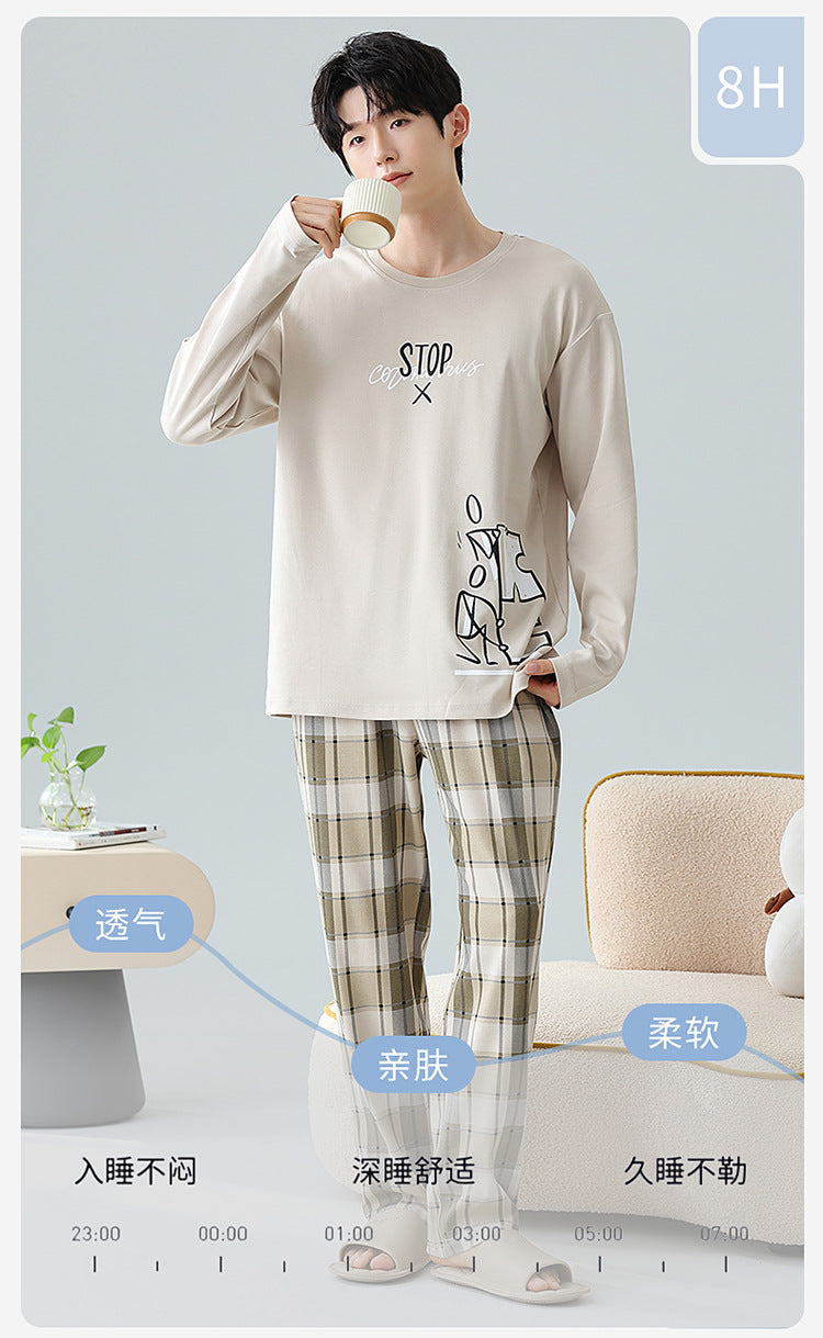 Plus Size 5XL 100% Cotton Men's Long-Sleeved Pajamas Spring & Fall Long-Sleeved 105kg Can Be Worn Outside Home Clothes Set