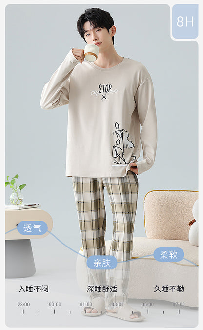 Plus Size 5XL 100% Cotton Men's Long-Sleeved Pajamas Spring & Fall Long-Sleeved 105kg Can Be Worn Outside Home Clothes Set
