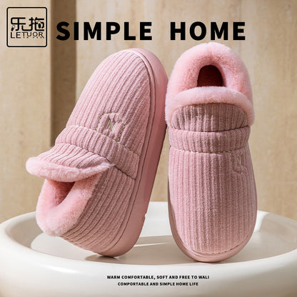 Letuo's New Winter Bag-Heeled Cotton Shoes for Women, Home Indoor and Outdoor Thick-Soled Non-Slip Soft-Soled Couple's Furry Shoes for Men
