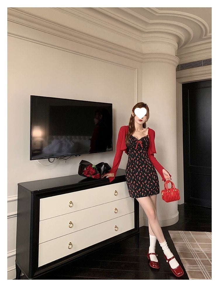 Plus Size Fat mm French Sweet Sexy Sweet Contrasting Suspender Skirt Women's Summer Red Cardigan + Floral Skirt Two-Piece Set