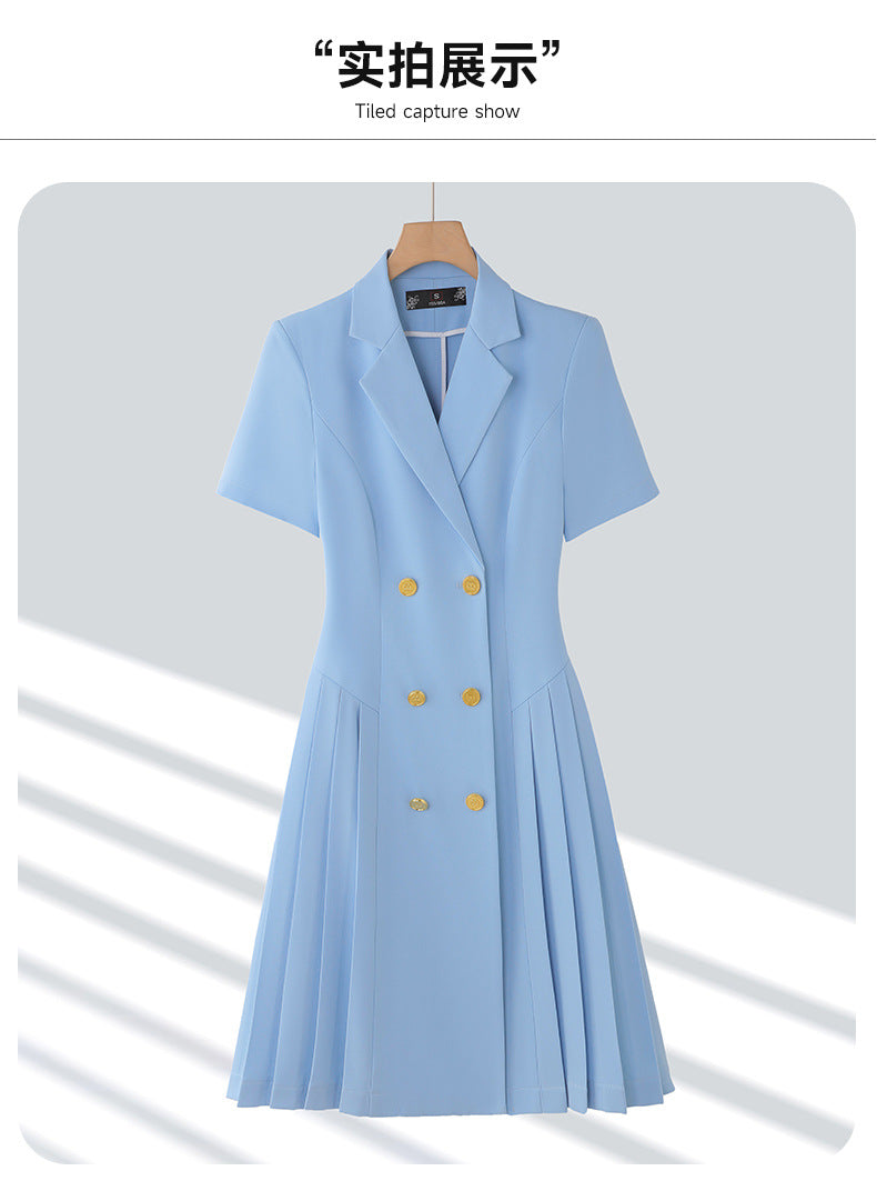 Spring and summer blue short-sleeved dress women's 2025 high-grade double-breasted professional suit collar mid-length skirt
