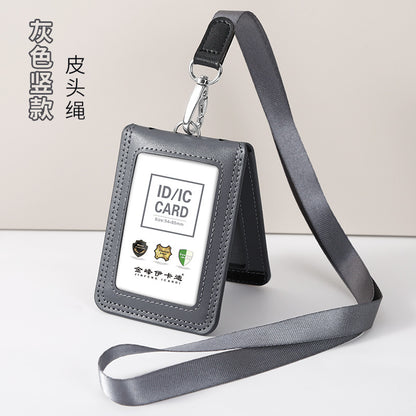 Work Card Case Detached Double Card Position Genuine Leather Folding Card Case Chest Card Lanyard Access Control Card Student School Card Rice
