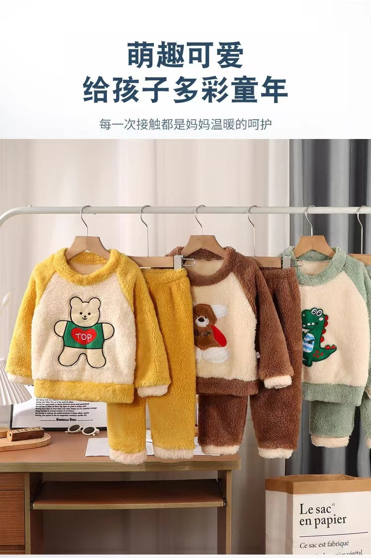 New Kidsren's Flannel Pajamas Set Autumn and Winter Boys and Girls Coral Velvet Thickeneded Home Clothes Two-piece Set