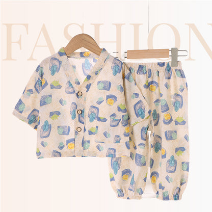 Children's Home Clothes Cotton Silk Suit Summer Boys and Girls Pajamas Artificial Cotton Two-Piece Set Cotton Silk Air-Conditioned Clothes Kidsren's Clothing