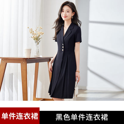 [Elegant Long Skirt] V-neck Short-sleeved dress High-end Work Clothes Mid-length Skirt Spring and Summer Business Wear Uniform