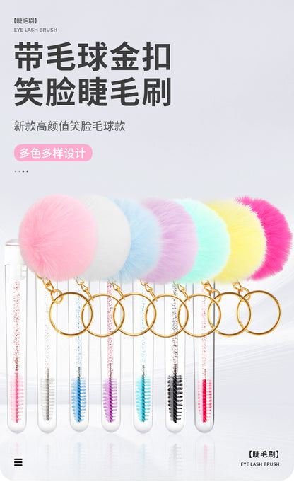 Wholesale in stock Keychain Smiley Hair Ball Tube Eyelash Brush New Cute Multicolor Eyelash Comb Beauty Makeup Tools