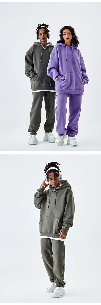 Tilani Men's Clothing European and American Trendy Brand High Quality 350g Fleece-Lined Thick Men's and Women's Hooded Sweatshirt and Sweatpants Pure Color Suit