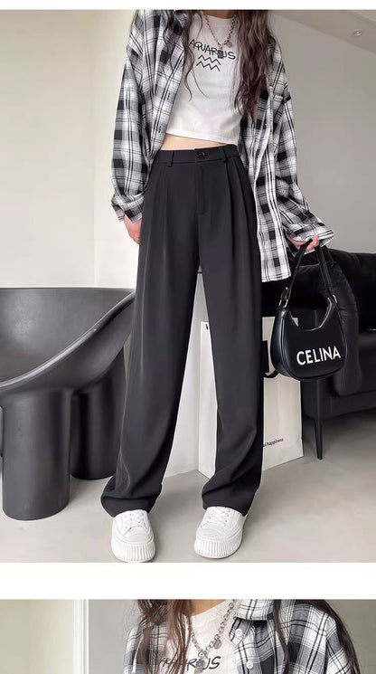 Gray Suit Pants for Women Spring and Summer New High-Waisted Double Pleated Slim Floor-Length Trousers Casual Straight Wide-Leg Pants