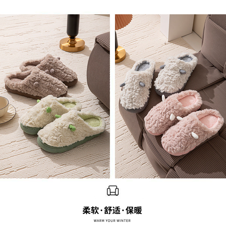 Winter Cotton Slippers Cute Women's Ears Men's Couple Home Indoor Warm Confinement Shoes Non-Slip Plush Plush Slippers