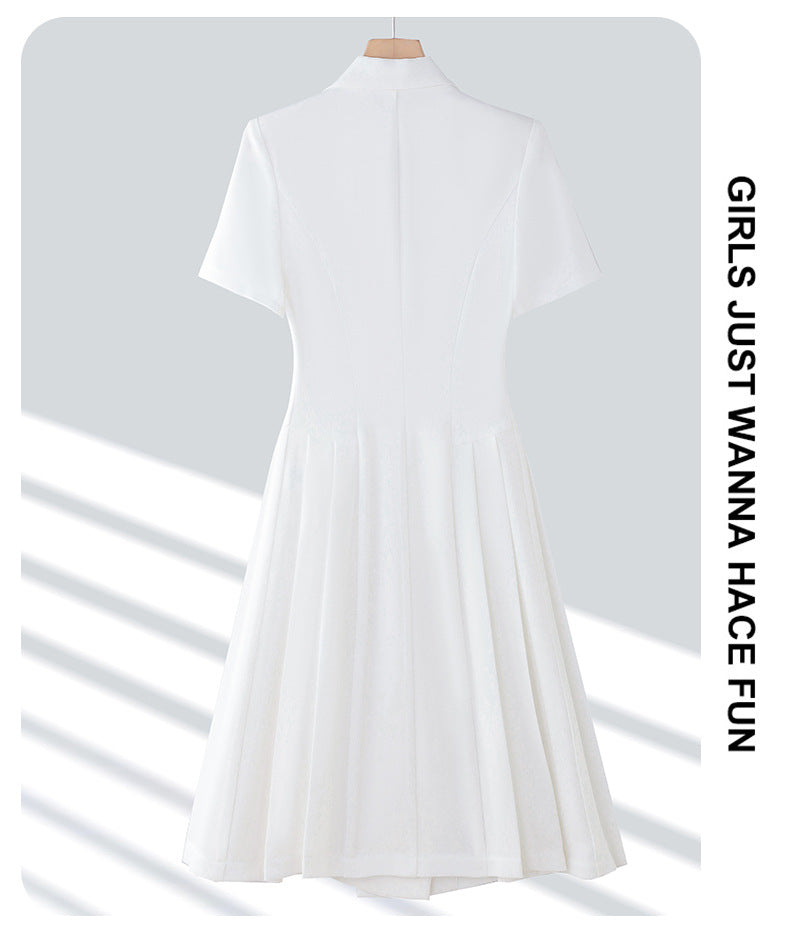 Spring and summer blue short-sleeved dress women's 2025 high-grade double-breasted professional suit collar mid-length skirt