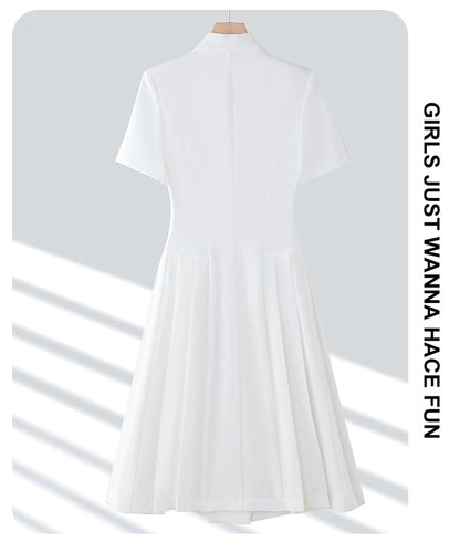 Spring and summer blue short-sleeved dress women's 2025 high-grade double-breasted professional suit collar mid-length skirt