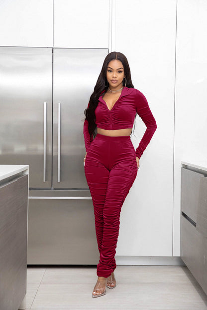 F185 European and American Women's Clothing Amazon Spring Two-piece Korean Velvet Solid Color Long Sleeve Navel Pleated Sports Suit