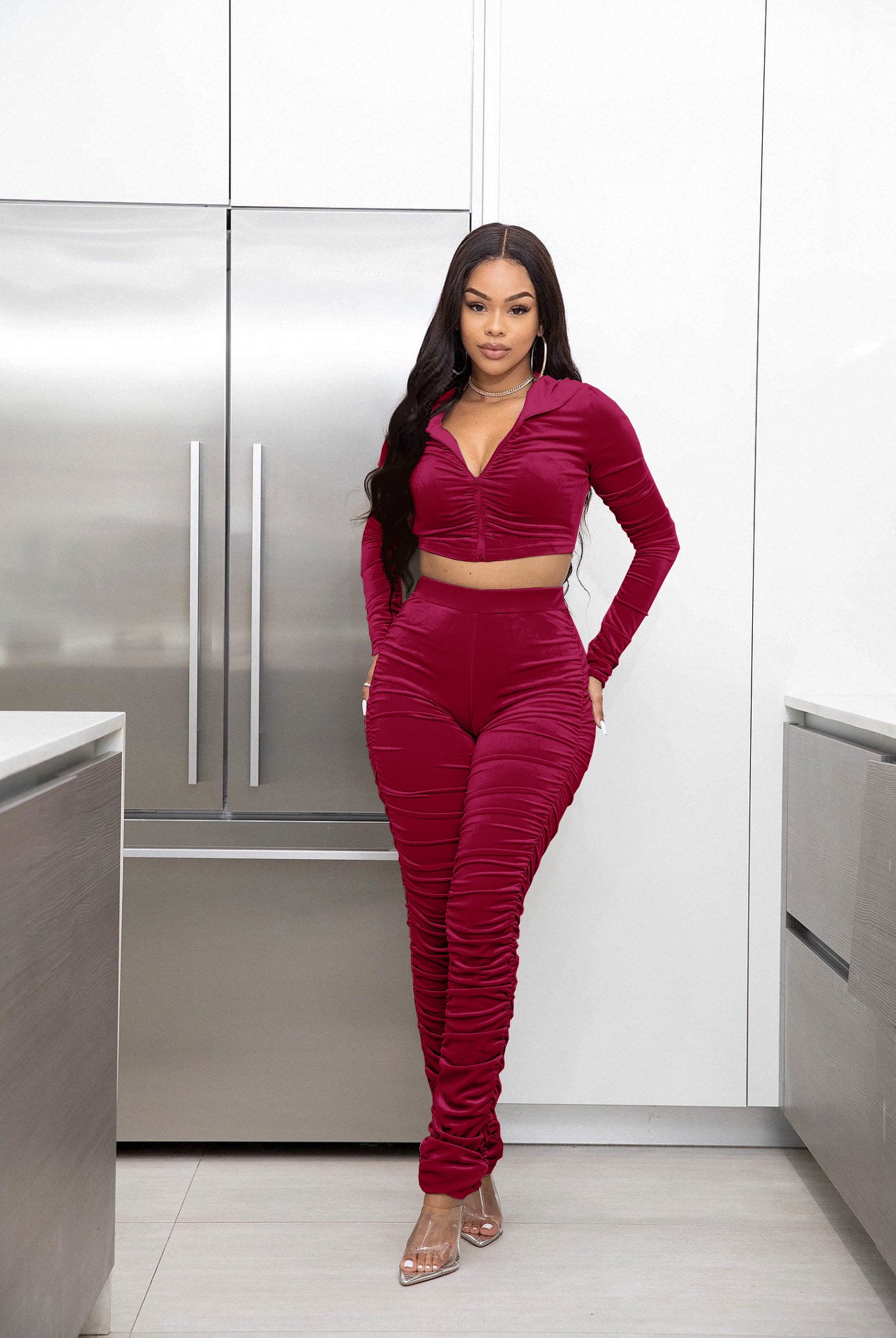 F185 European and American Women's Clothing Amazon Spring Two-piece Korean Velvet Solid Color Long Sleeve Navel Pleated Sports Suit