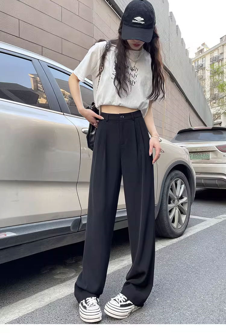 Gray Suit Pants for Women Spring and Summer New High-Waisted Double Pleated Slim Floor-Length Trousers Casual Straight Wide-Leg Pants