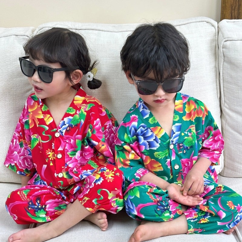 Children's Home Clothes Cotton Silk Suit Summer Boys and Girls Pajamas Artificial Cotton Two-Piece Set Cotton Silk Air-Conditioned Clothes Kidsren's Clothing