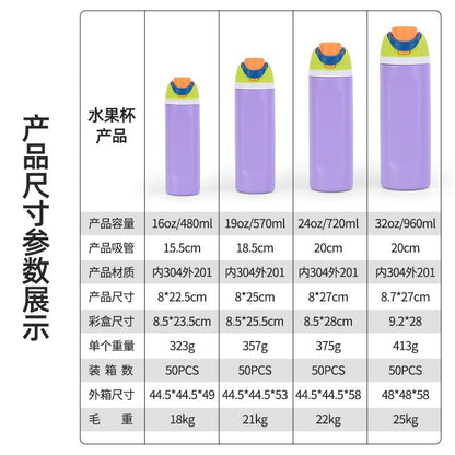 Amazon Fruit Cup 304 Stainless Steel Insulated Cup High-Looking Creative Straw Cup Outdoor Portable Water Cup