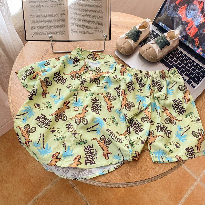 2026 New Children's Short-Sleeved Suit, Men's Short-Sleeved Shirt Suit, Short-Sleeved Shorts Beach Two-Piece Set