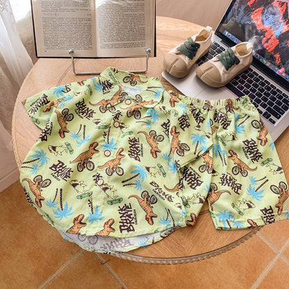 2026 New Children's Short-Sleeved Suit, Men's Short-Sleeved Shirt Suit, Short-Sleeved Shorts Beach Two-Piece Set