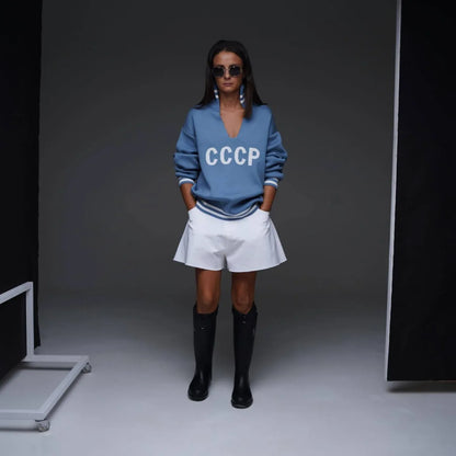 JHJN Autumn V-Neck Sweater Women Patchwork Letter Streety Tops Loose Casual Pullovers Long-Sleeved Knitted Shirts Women Sweater