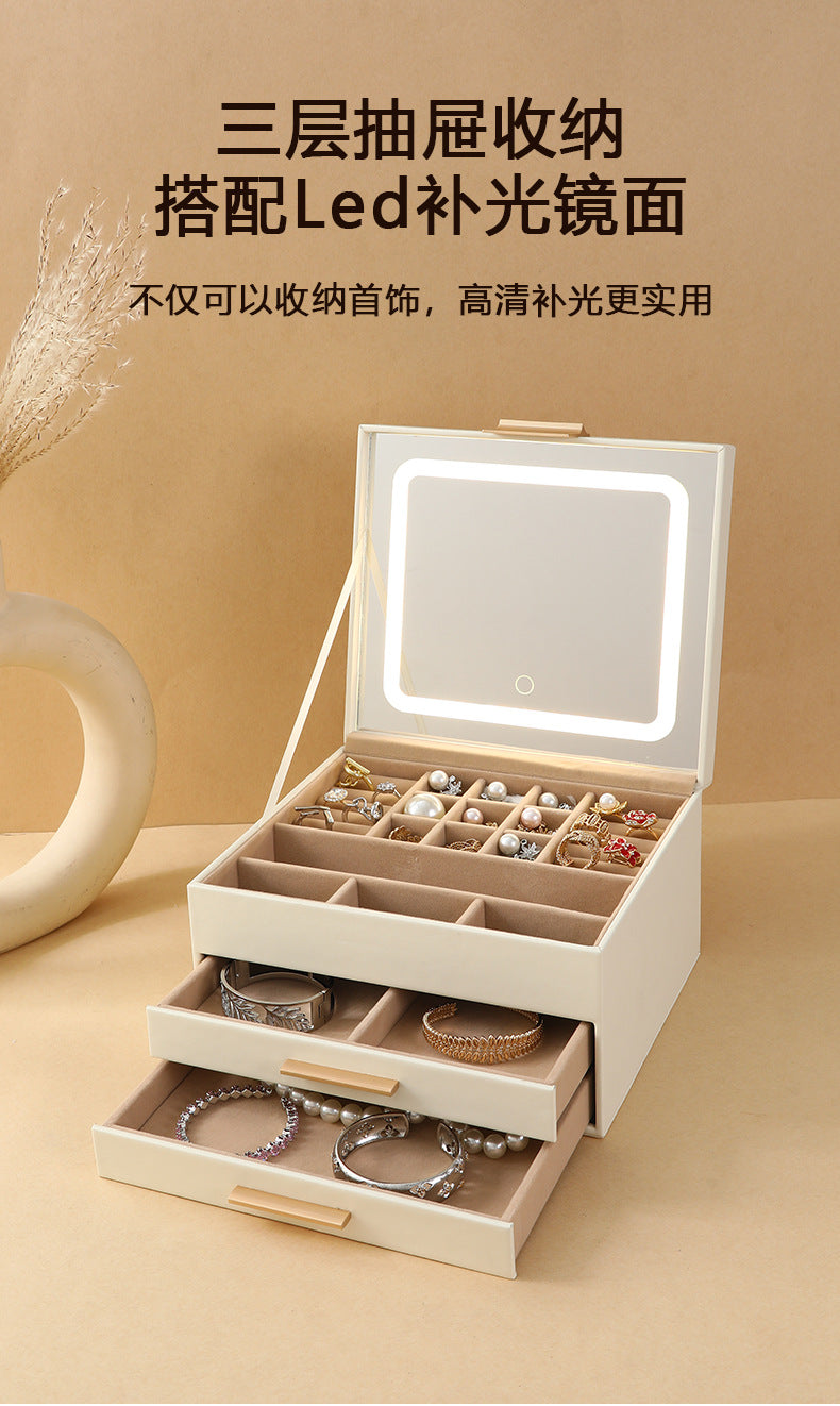 Cross-border PU three-layer cosmetic mirror with LED light high-end jewelry box earring ring necklace bracelet princess jewelry box