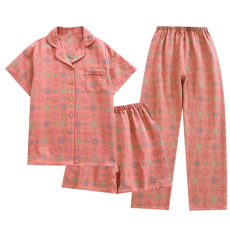 Yarn-dyed cotton pajamas women's summer short-sleeved printed summer retro loose home wear three-piece set can be worn outside