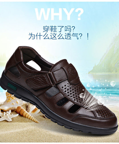 Leather cowhide special clearance shoes hollow leather sandals men's casual hole shoes middle-aged business dad shoes