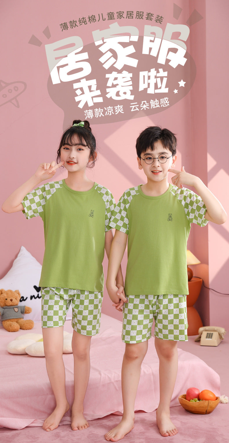 Children's Pajamas, Pure Cotton, Summer Short-Sleeved Shorts Set for Boys, Home Clothes for Girls, Air-Conditioned Clothes for Middle-Aged and Older Boys