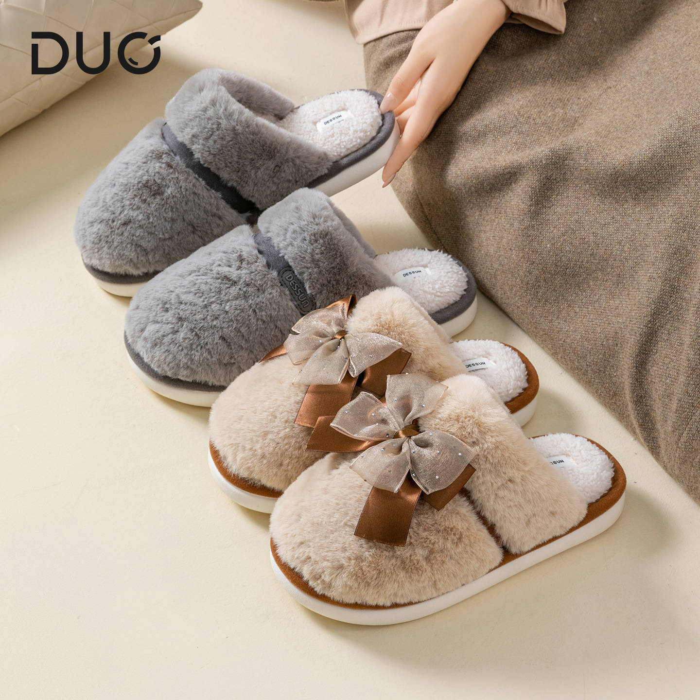 Bow Plush Cotton Slippers for Women Autumn and Winter 2025 New Warm Indoor Home Soft Sole Anti-Slip Confinement Slippers