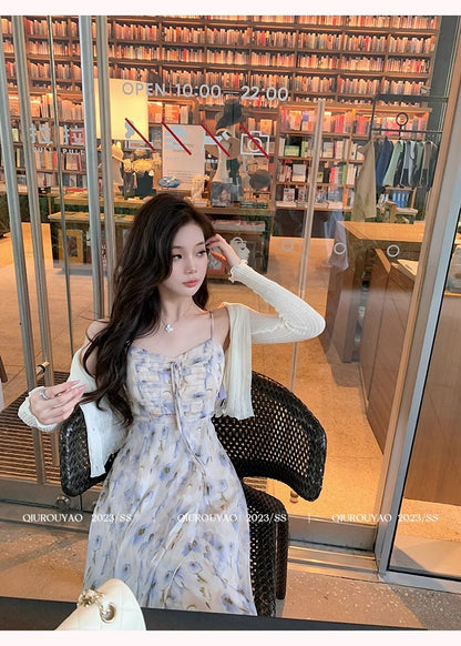 French Style Waisted Gentle Floral dress Women's Seaside Beach Vacation Fairy dress Elegant Pure Slip Dress