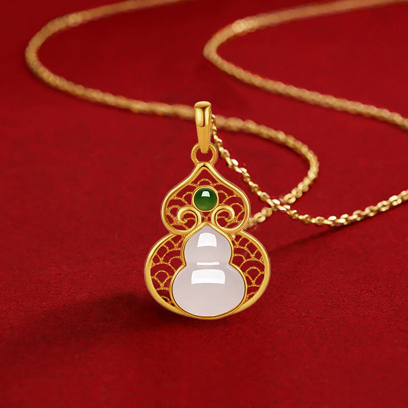 S925 Silver Simple and Fashionable Fulu Gourd Clavicle Chain Inlaid with Natural Hetian Jade High-End Necklace Factory Direct Sale