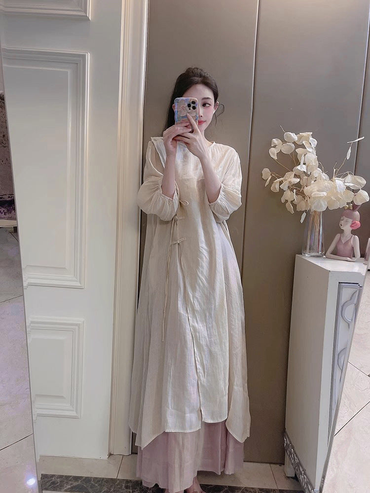 Summer New Style Quality Ramie Handmade Buckle Lace Lace Guofeng dress Double-Layer Skirt suit