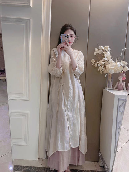 Summer New Style Quality Ramie Handmade Buckle Lace Lace Guofeng dress Double-Layer Skirt suit