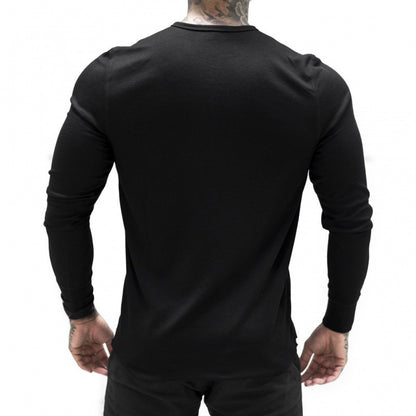 Muscle Fitness Men's Spring and Autumn Sports Leisure Running Breathable Sweat Absorbing Stretch Long Sleeve Button V Henry T-Shirt