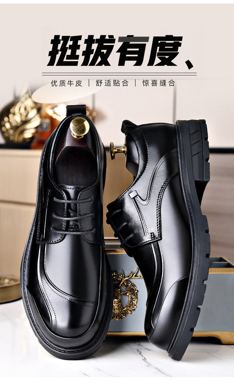 Men's Business Casual Leather Shoes with Large Toe, Thick Sole, Lace-Up, Hollow-Out Design, Fashionable British Style, Versatile Formal Men's Shoes, Breathable
