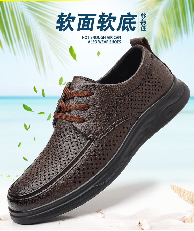 Summer Men's Shoes for Middle-Aged and Elderly People, Genuine Leather Breathable Men's Sandals, Leather Shoes, Soft Soles, Hollow Casual Shoes, Clogs