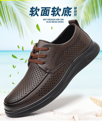 Summer Men's Shoes for Middle-Aged and Elderly People, Genuine Leather Breathable Men's Sandals, Leather Shoes, Soft Soles, Hollow Casual Shoes, Clogs