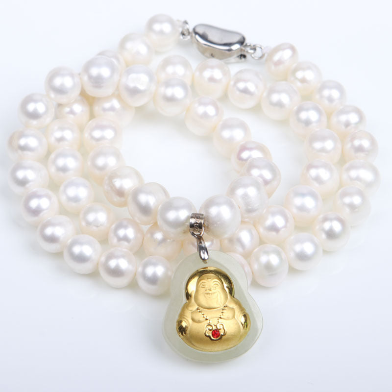 8-9 Natural Freshwater Pearl Necklace, Gold-Inlaid Jade Small Buddha Jade Necklace, Gift for Mom on Mother's Day