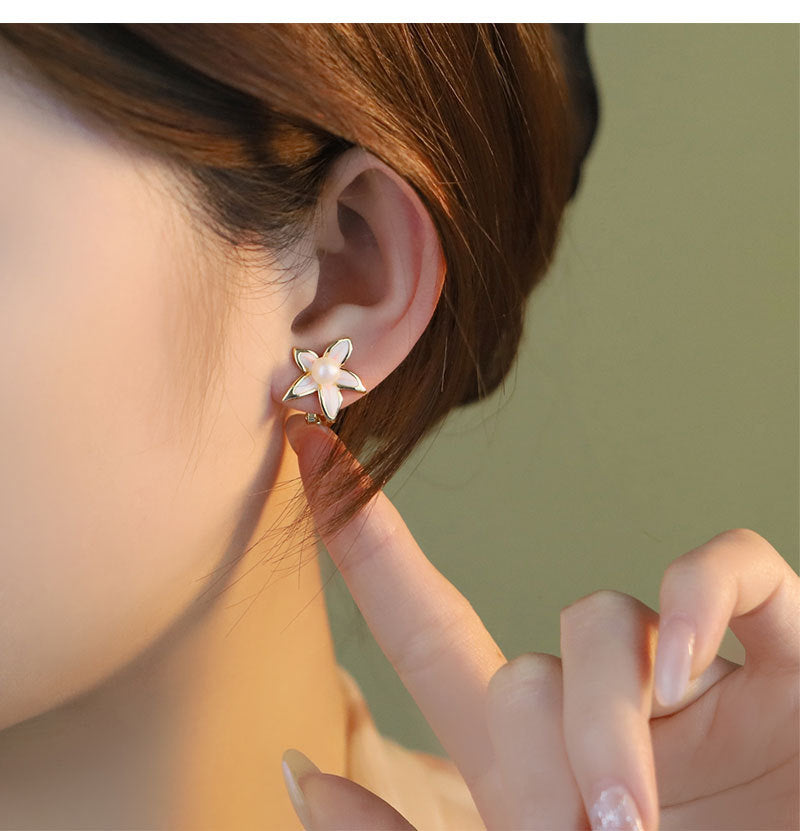 Original Handmade Natural Pearl Five-Petal Cherry Blossom Ear Clip Simple Niche High-End S925 Sterling Silver Earrings Ear Jewelry