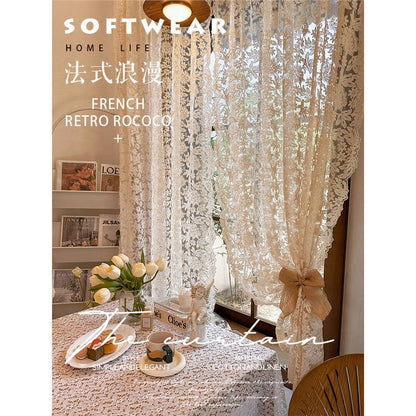 French-Style Retro Palace Lace Embroidery Cream Sheer Curtain for Bay Window, Light-Transmitting, No-Drill Partition Half Curtain Door Curtain