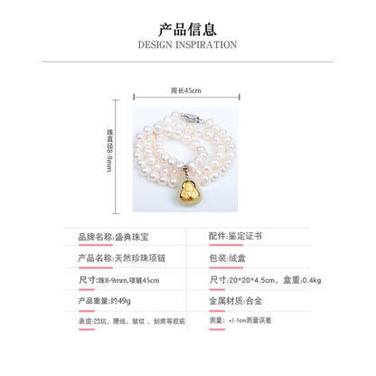 8-9 Natural Freshwater Pearl Necklace, Gold-Inlaid Jade Small Buddha Jade Necklace, Gift for Mom on Mother's Day