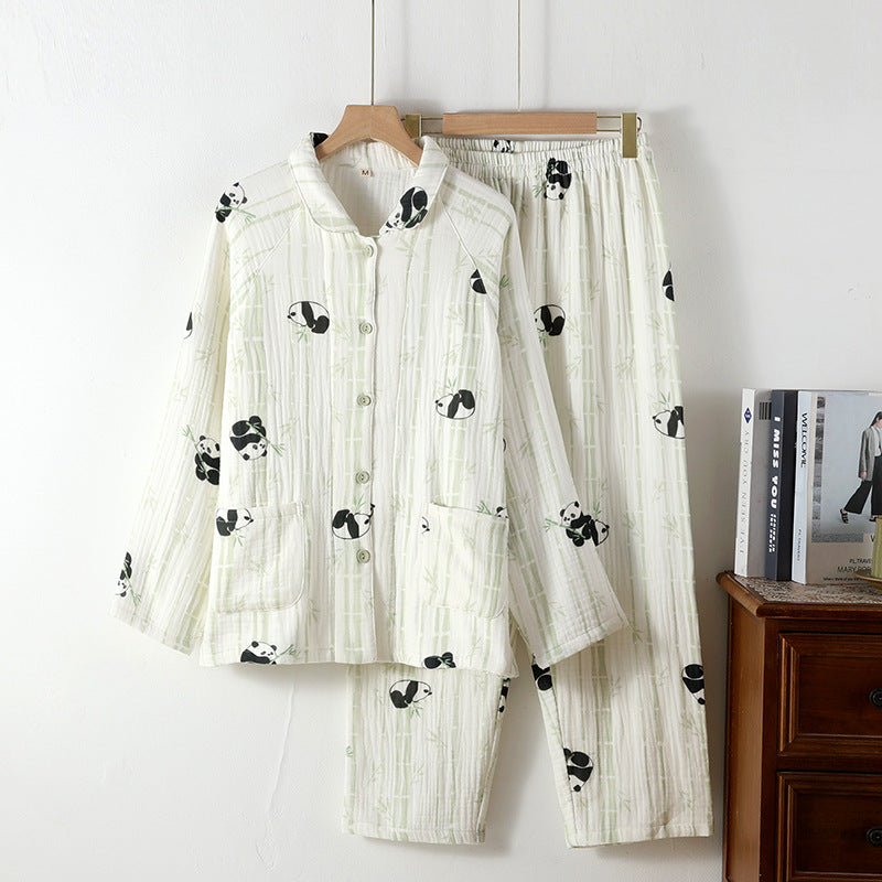New Cotton Thickened Edge Four-Layer Gauze Women's Pajamas Cotton Warm Long-Sleeved Home Clothes for Autumn and Winter suit