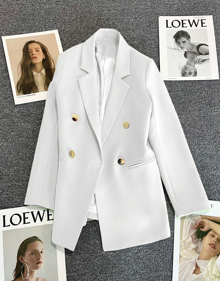 Green Metal Buckle Korean Style 2024 Spring and Autumn New Milk White Suit Jacket Women's Casual All-match High-end Suit