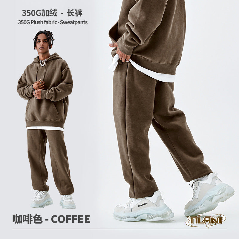 Tilani Men's Clothing European and American Trendy Brand High Quality 350g Fleece-Lined Thick Men's and Women's Hooded Sweatshirt and Sweatpants Pure Color Suit