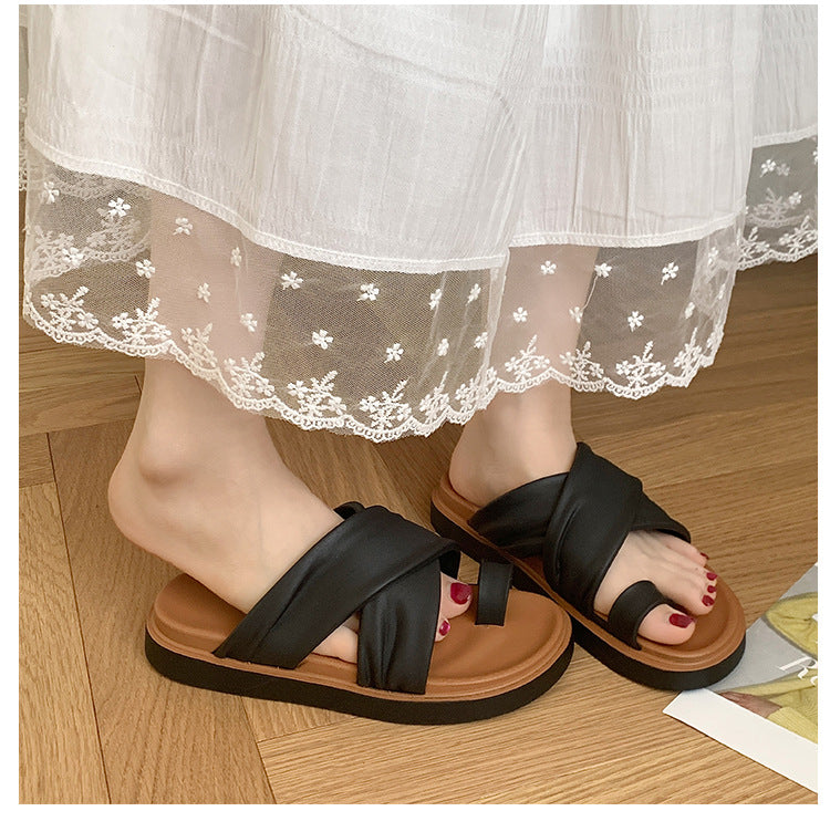 Thick-bottom Slippers Women's 2025 Summer New Beach Outer Wear Cross-belt Cross-border Foreign Trade Flat Beach Sandals