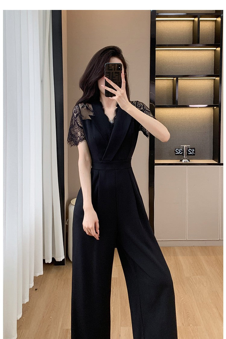 Cross-border High Leng Yujie Style Pants Women's Summer Short-sleeved High Waist Lace Stitching Hollow-out Pants Straight Pants