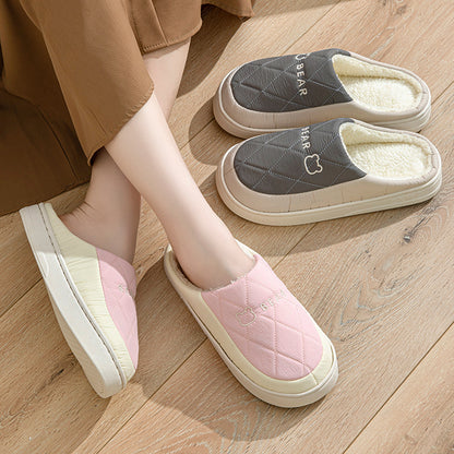 Winter Cotton Slippers for Women, Non-Slip, Warm and Velvet, Couple Style Indoor Cartoon Furry Shoes, Half-Pack Heel Home Shoes for Men