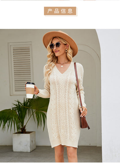 Cross-Border European and American Clothing Pure Color V Neck Long Sweater Dress Autumn and Winter Fashion Elegant Cable Bottoming Knitted Dress