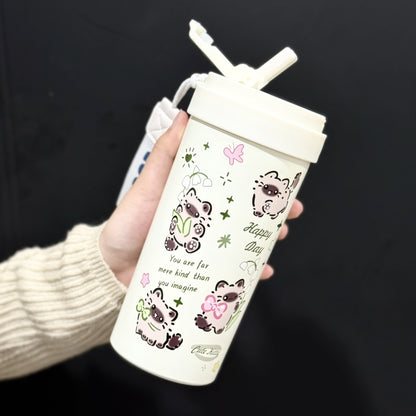 New cute thermos cup 316 stainless steel coffee cup portable double drink portable men's and women's straw accompanying cup